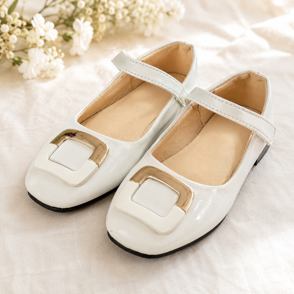 Hongchengkids White Patent Mary Jane Flats Gold Buckle Square Toe EU 32